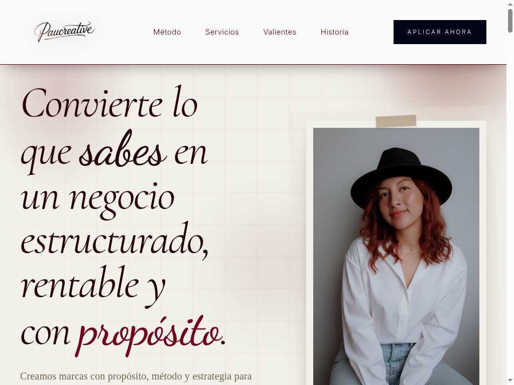 Landing page de Paucreative — hero editorial femenino premium